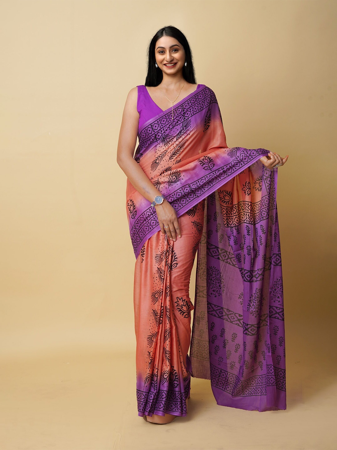 

Unnati Silks Ethnic Motifs Handloom Pure Cotton Block Print Saree, Peach