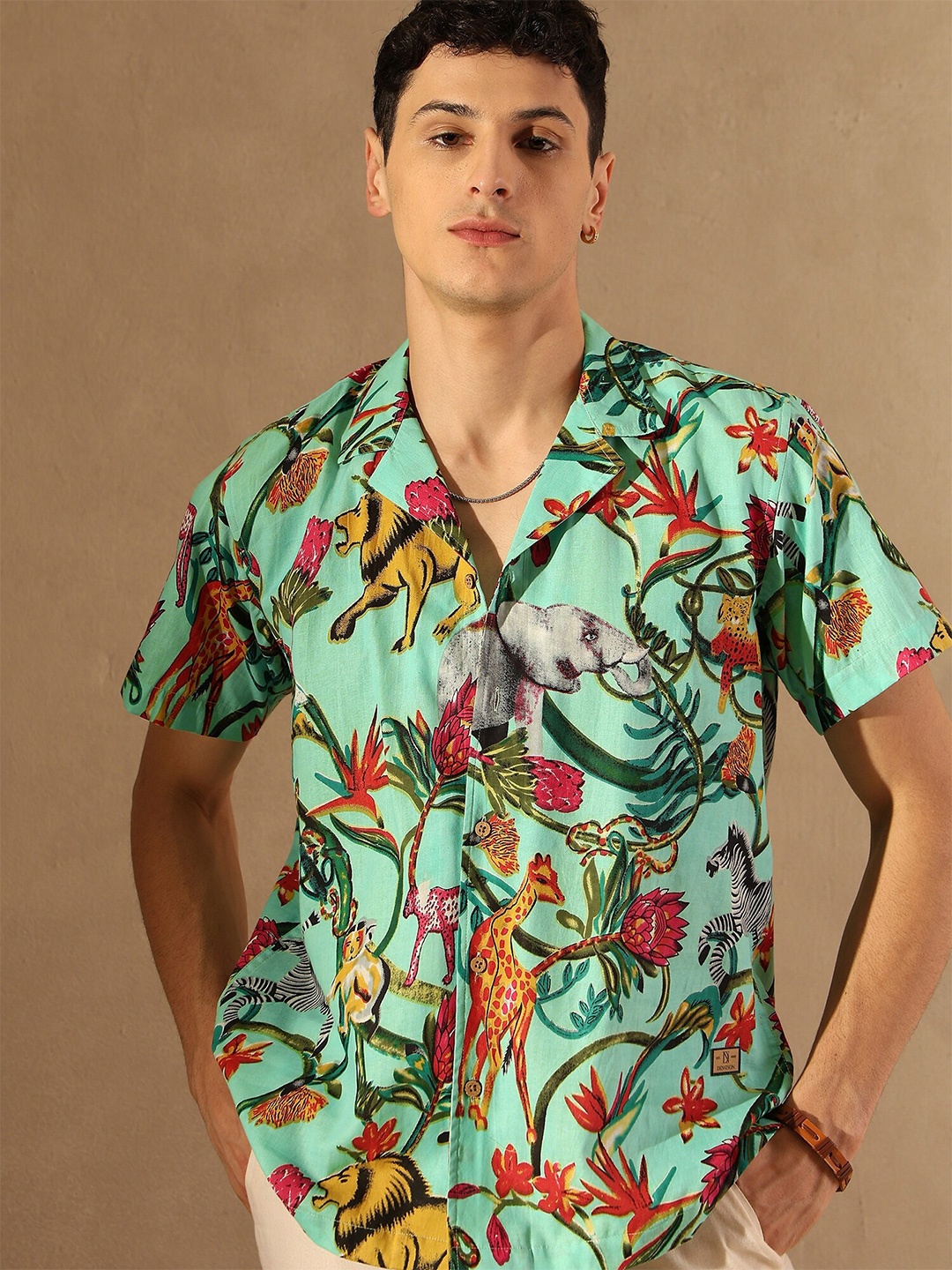 

DENNISON Tropical Printed Cuban Collar Oversized Shirt, Green