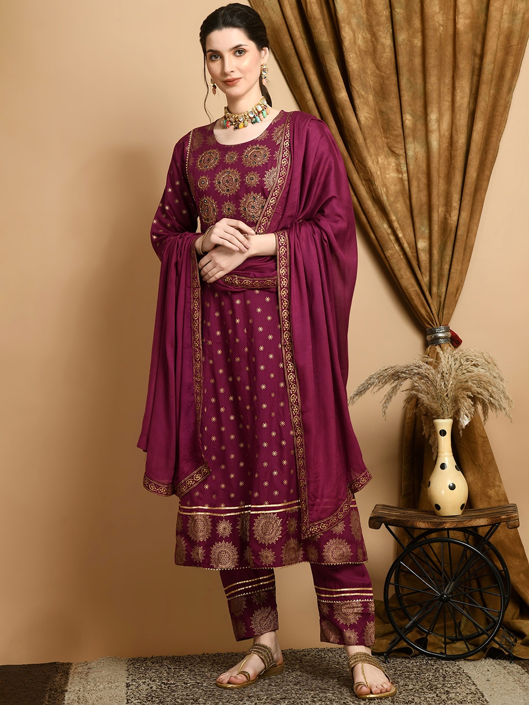 

KALINI Ethnic Motifs Embroidered Empire Beads and Stones Kurta with Trouser & Dupatta, Maroon