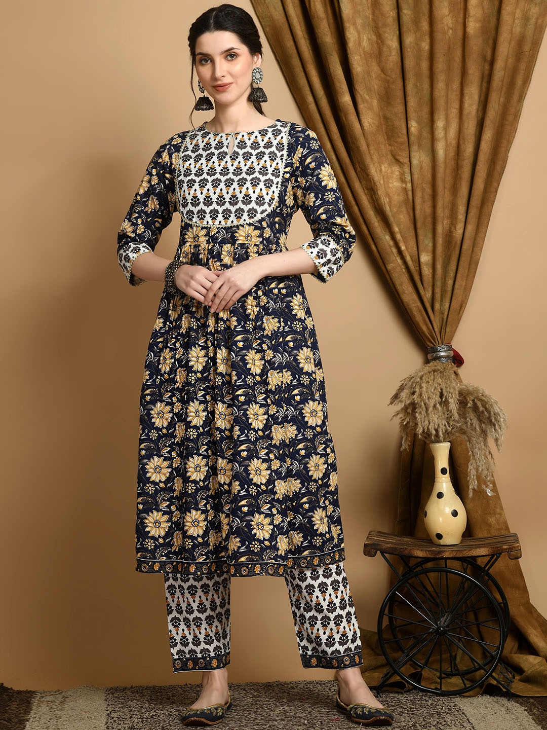 

KALINI Floral Printed Regular Pure Cotton Kurta with Trouser & Dupatta, Blue