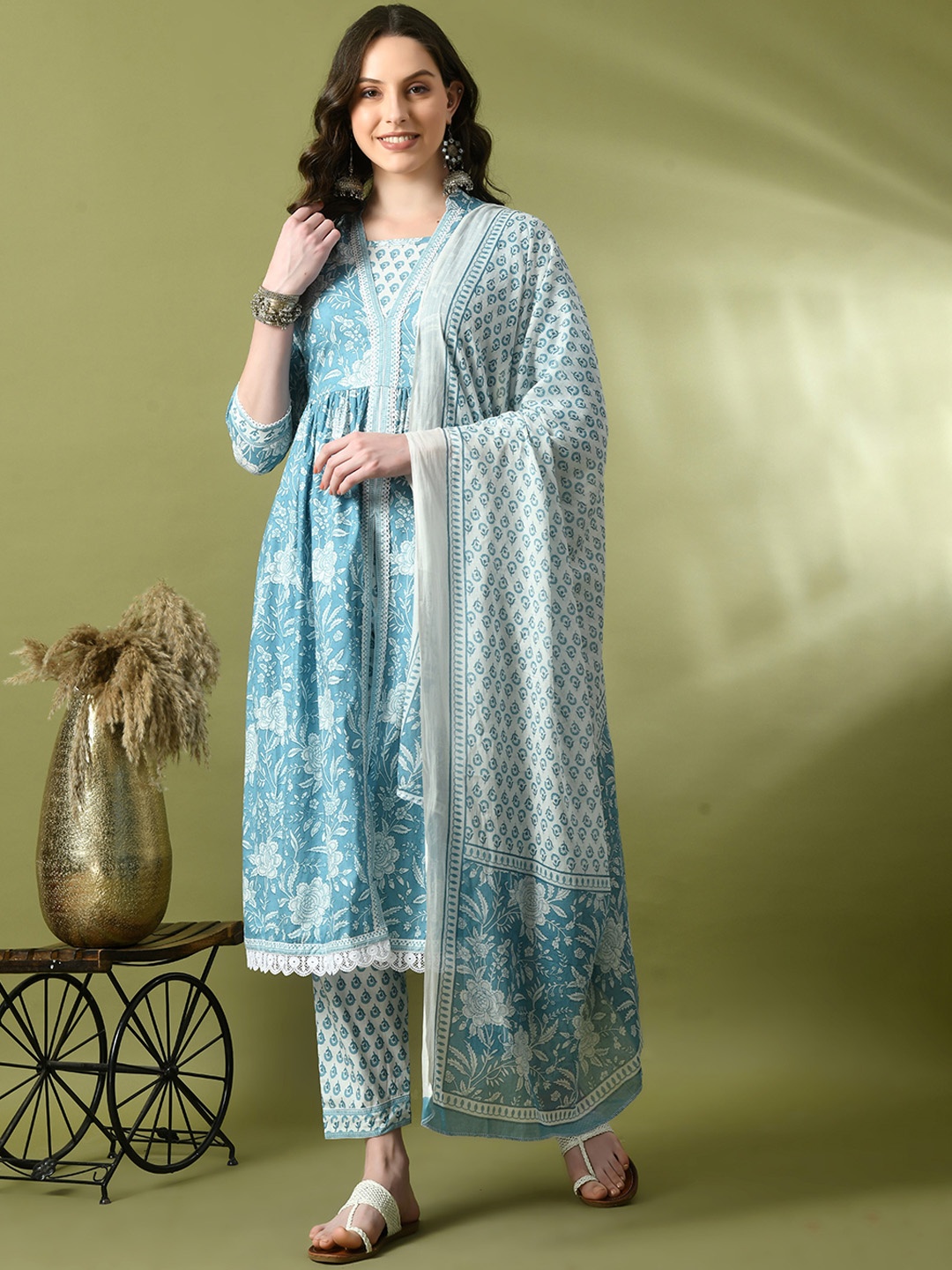 

KALINI Floral Printed Empire Pure Cotton Kurta with Trousers & Dupatta, Blue