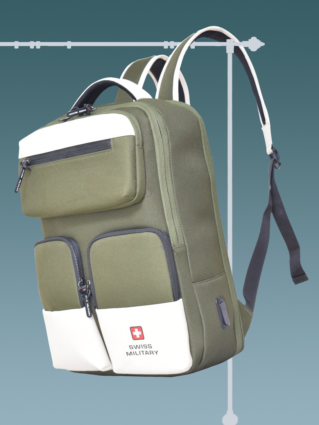 

SWISS MILITARY Unisex Colourblocked Backpack with USB Charging Port, Olive