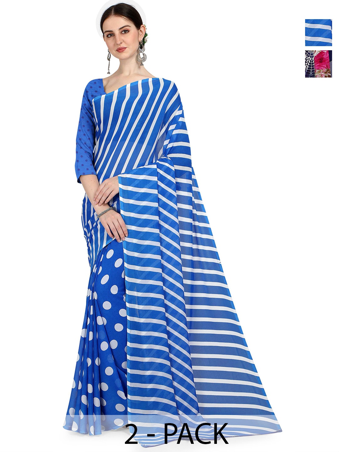 

ANAND SAREES Selection Of 2 Floral Printed Sarees, Blue