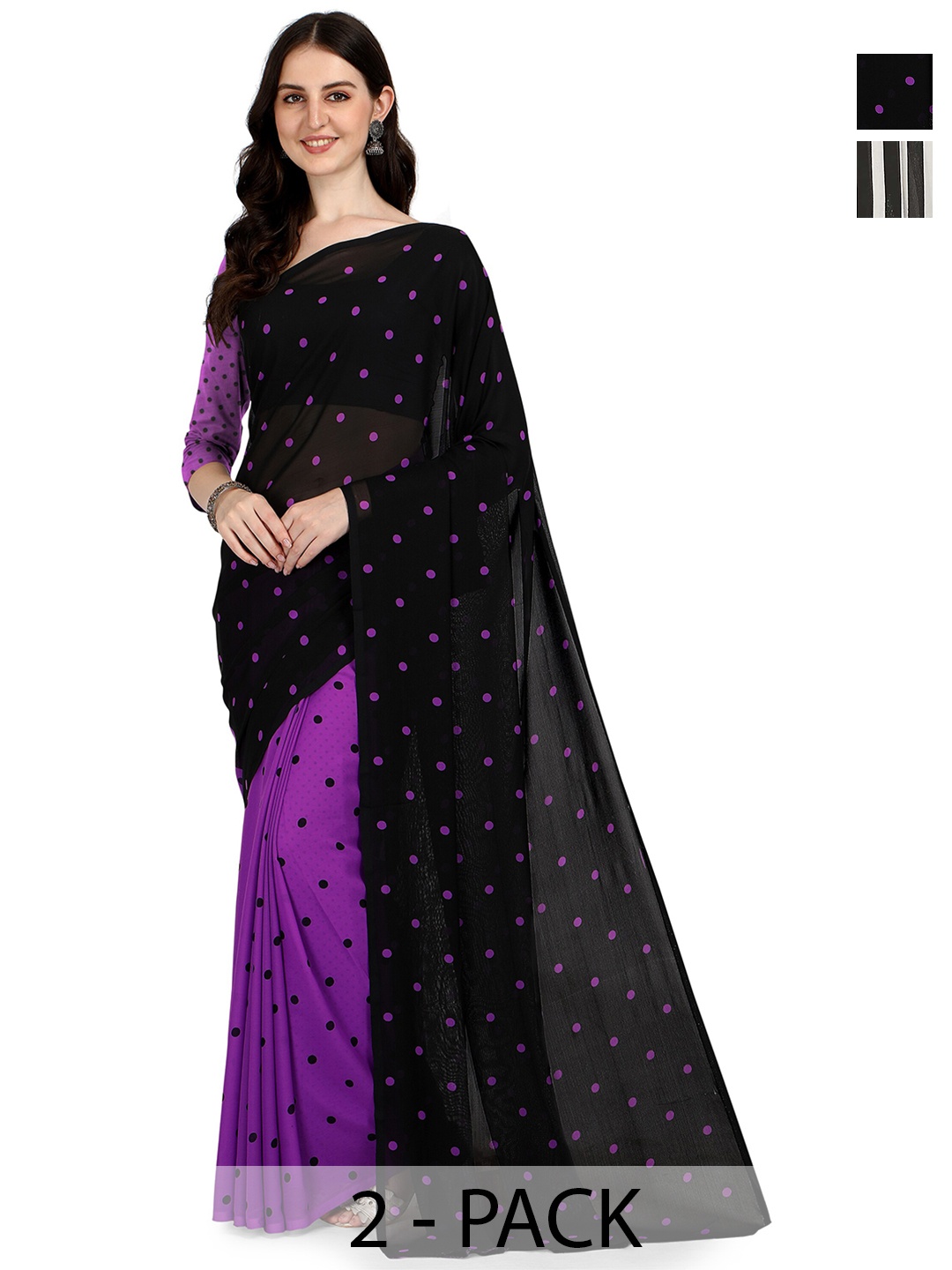 

ANAND SAREES Selection Of 2 Polka Dots Printed Sarees, Purple