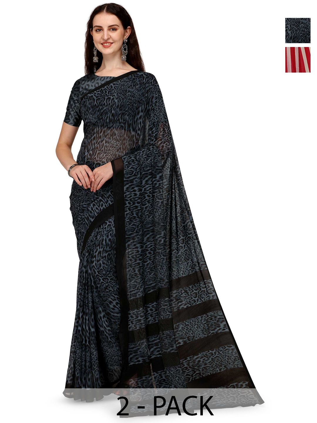 

ANAND SAREES Selection of 2 Abstract and Geometric Printed Sarees, Red