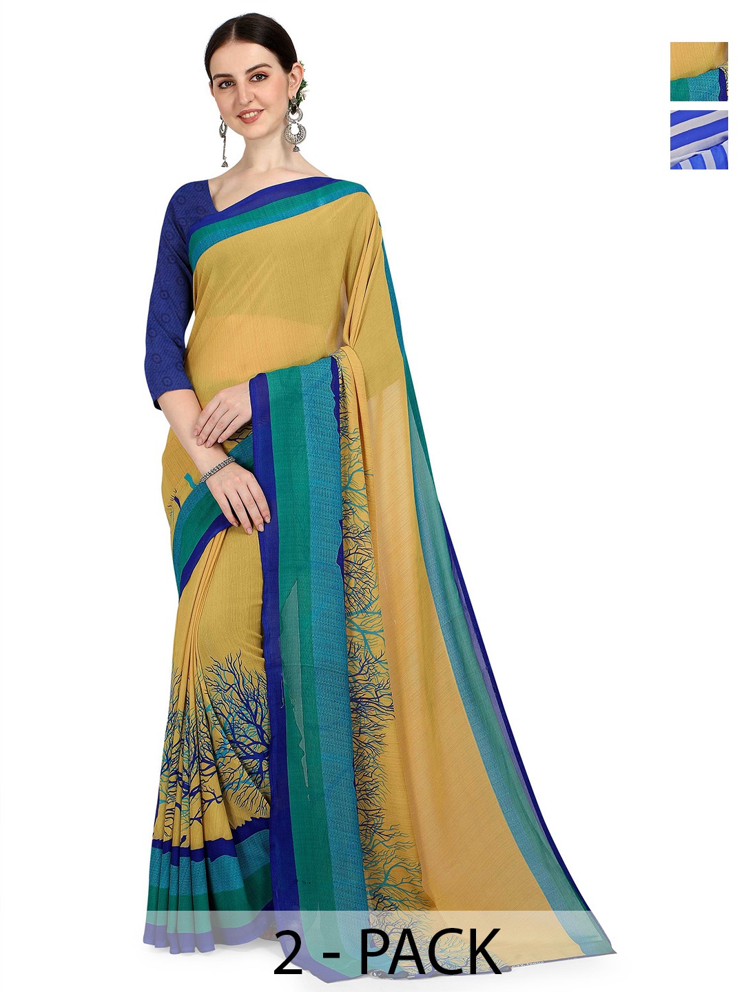 

ANAND SAREES Selection of 2 Abstract and Geometric Printed Sarees, Blue