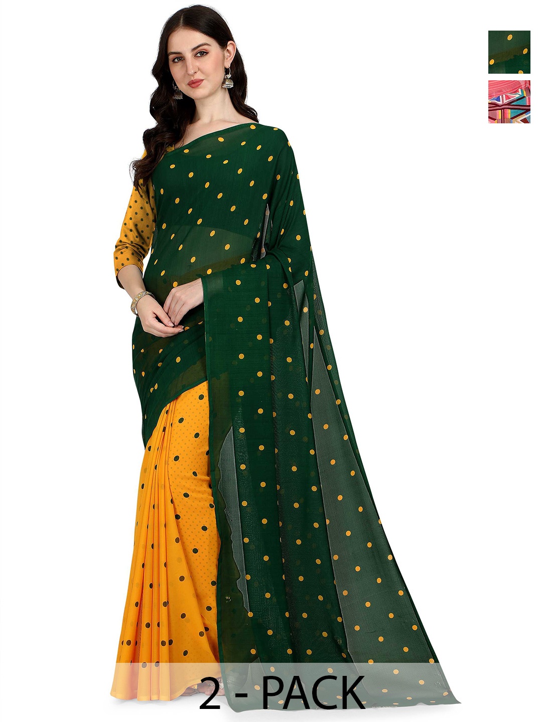 

ANAND SAREES Selection Of 2 Printed Sarees, Green