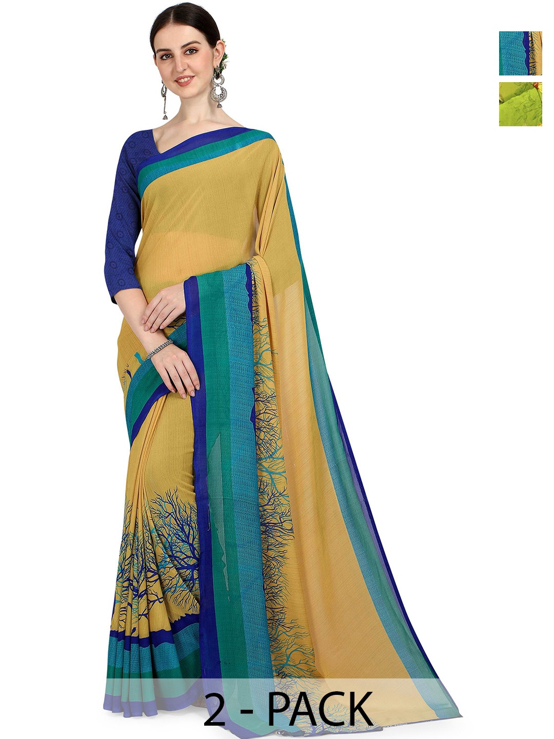 

ANAND SAREES Selection Of 2 Printed Sarees, Green