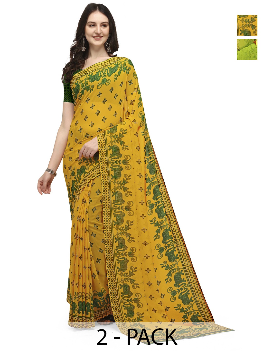 

ANAND SAREES Selection Of 2 Printed Sarees, Yellow
