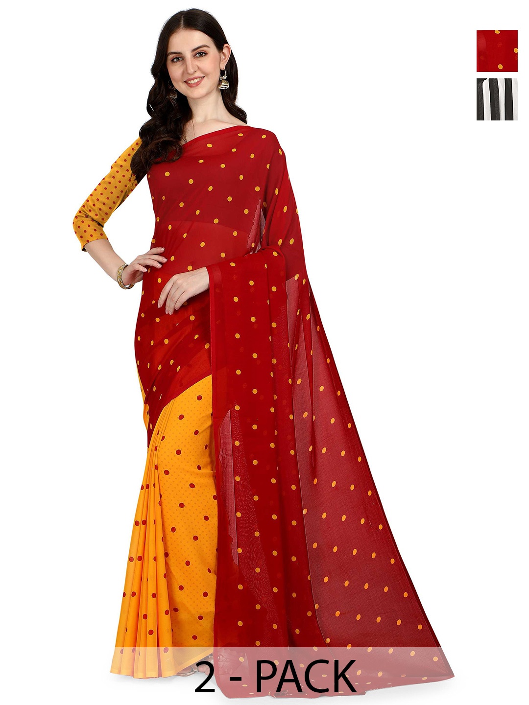 

ANAND SAREES Selection of 2 Polka Dots and Geometric Printed Sarees, Red