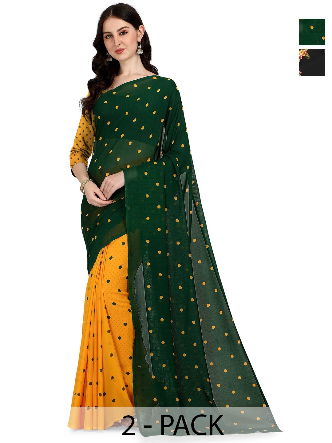 

ANAND SAREES Selection Of 2 Floral Printed Sarees, Green