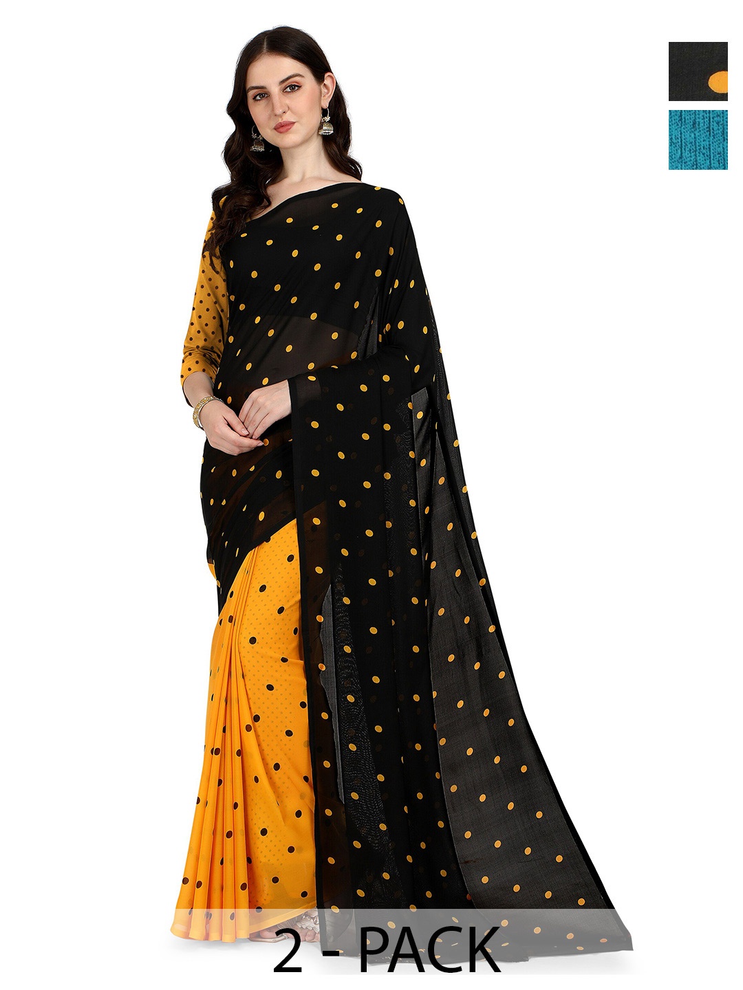 

ANAND SAREES Selection Of 2 Polka Dot Printed Sarees, Green