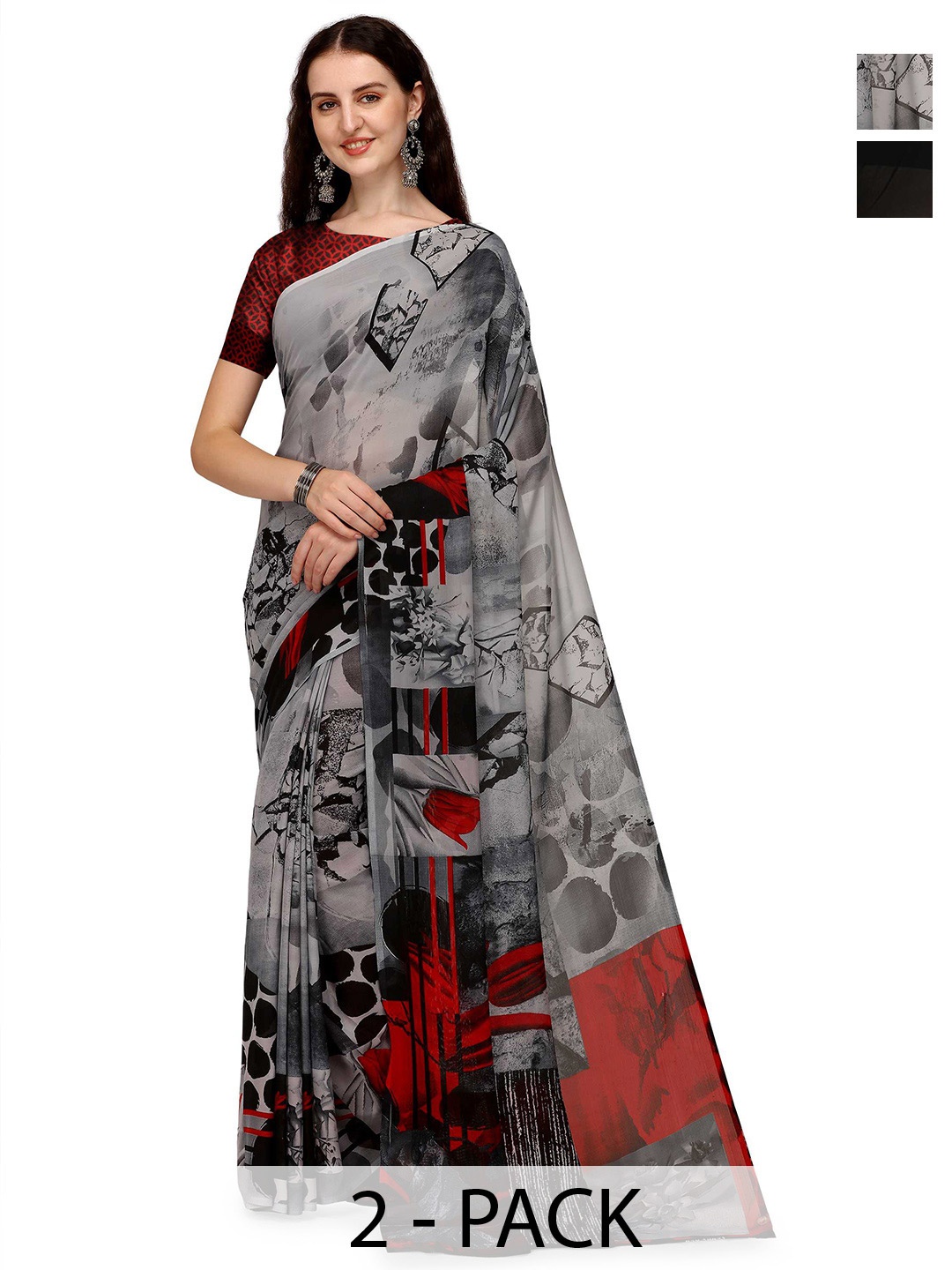 

ANAND SAREES Selection of 2 Geometric Printed Saree, Black