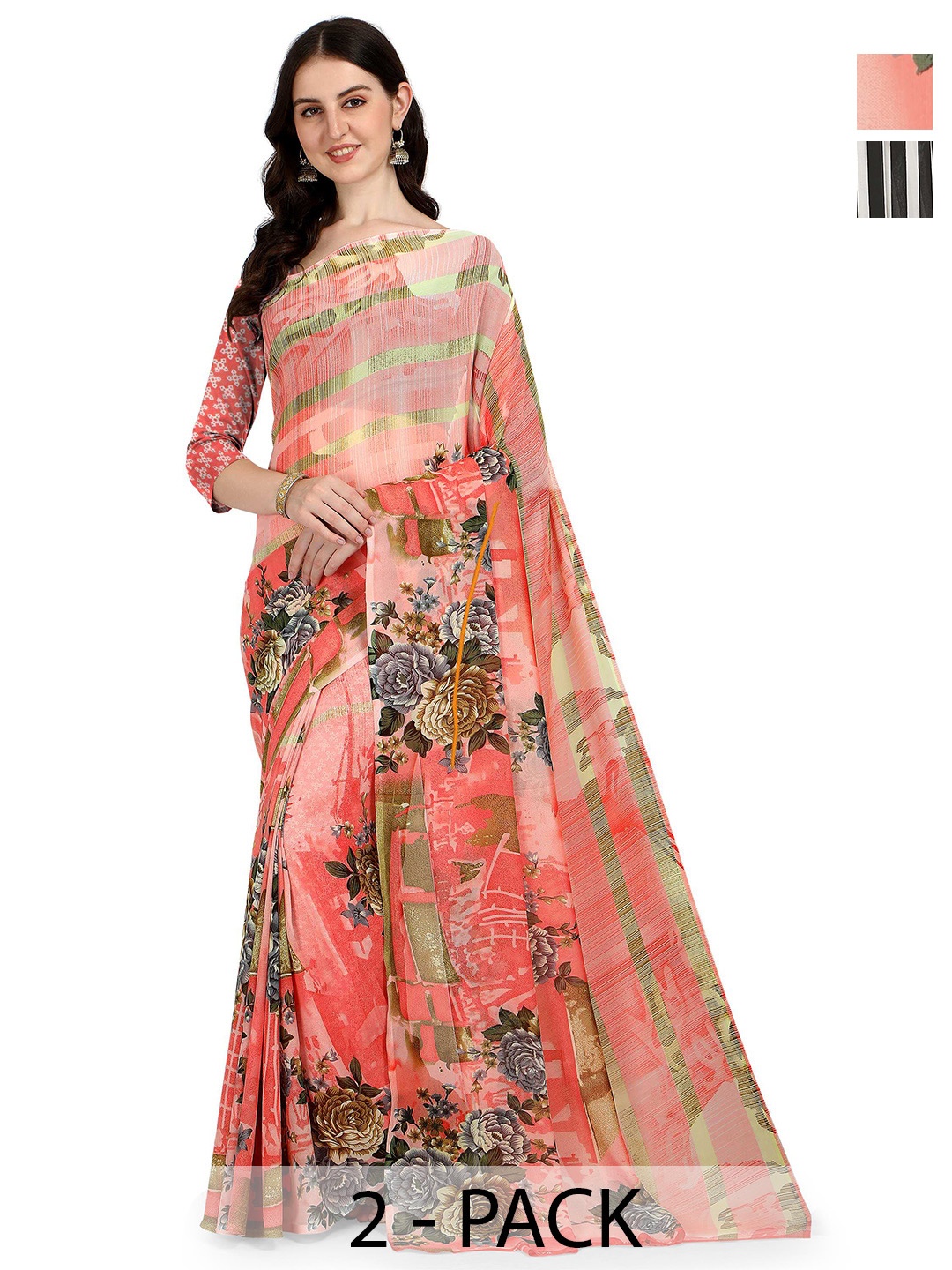 

ANAND SAREES Selection Of 2 Printed Sarees, Pink