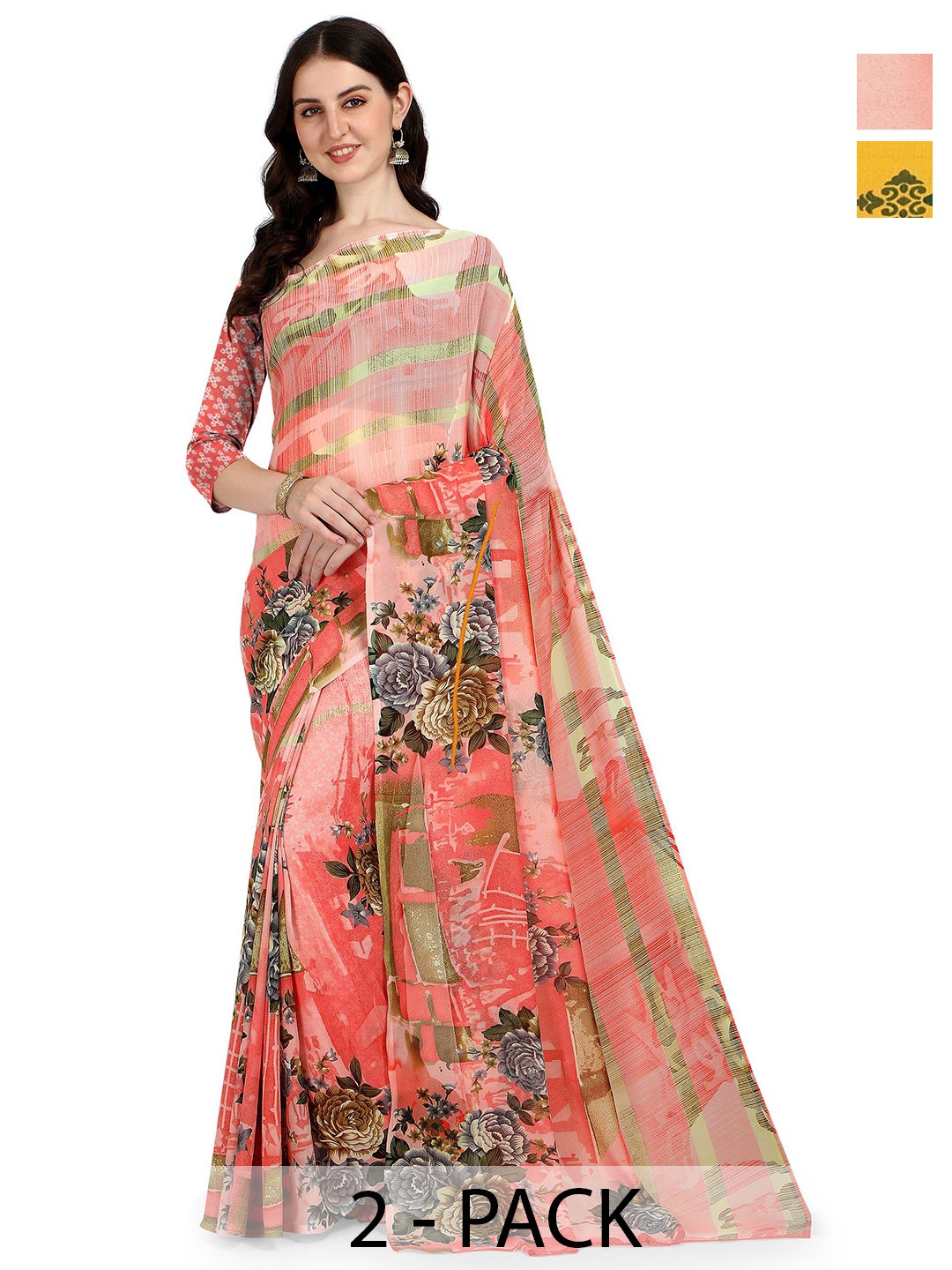 

ANAND SAREES Selection Of 2 Floral Saree, Yellow