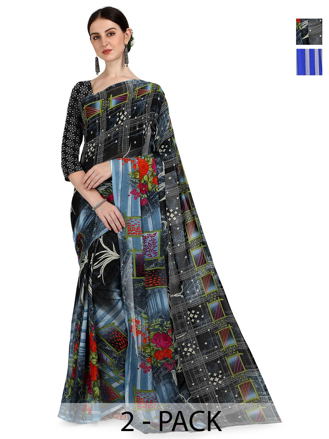 

ANAND SAREES Selection Of 2 Printed Sarees, Blue