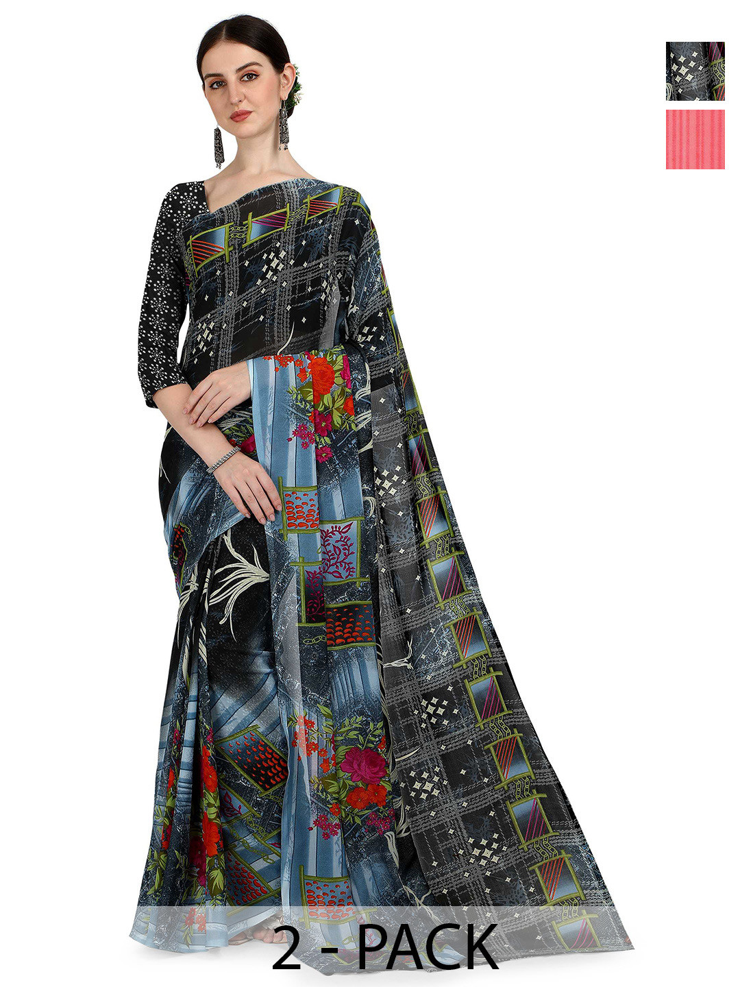 

ANAND SAREES Selection Of 2 Printed Sarees, Black