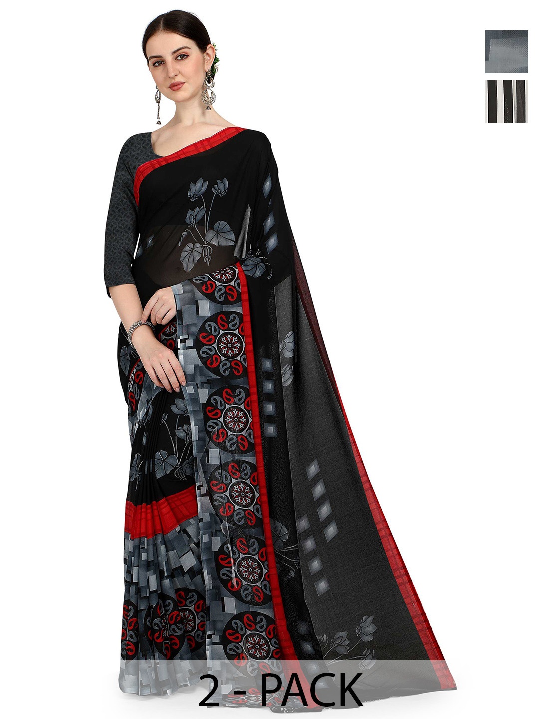 

ANAND SAREES Selection Of 2 Striped Sarees, Black