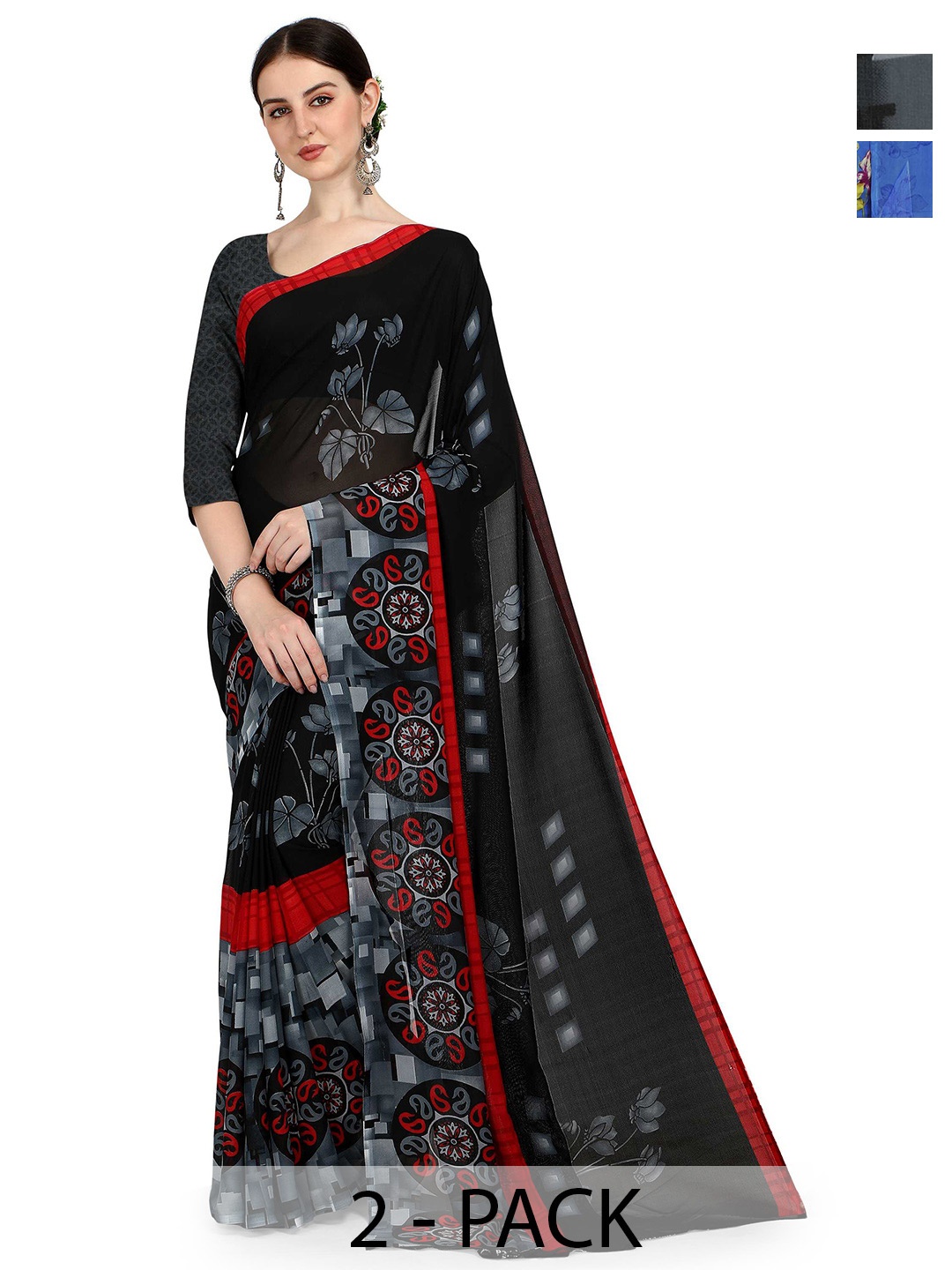 

ANAND SAREES Selection Of 2 Floral Printed Sarees, Blue