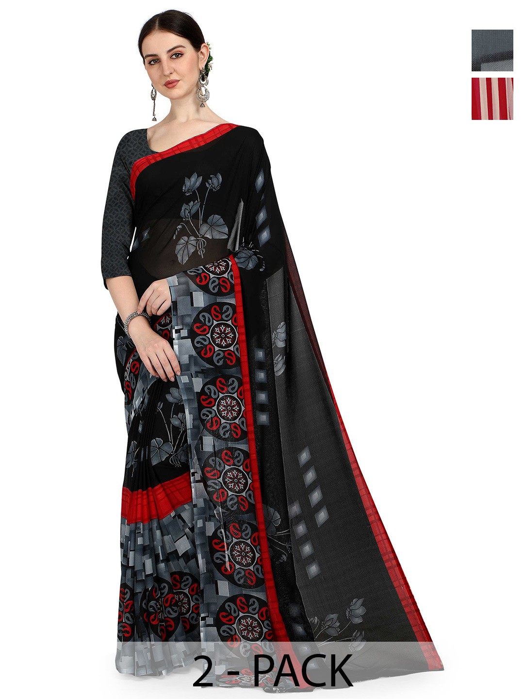 

ANAND SAREES Selection Of 2 Printed Sarees, Black