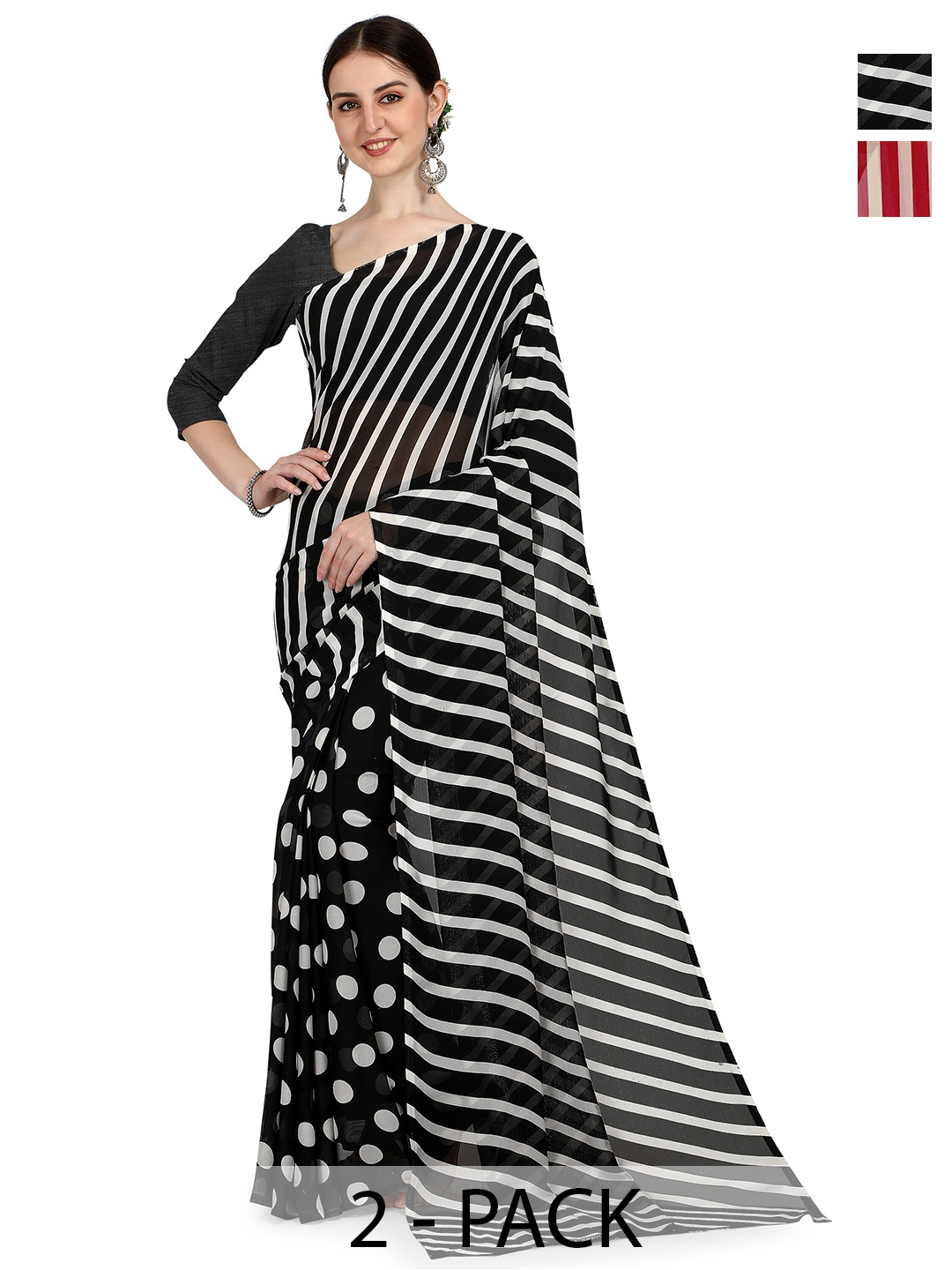 

ANAND SAREES Selection Of 2 Striped Saree, Black