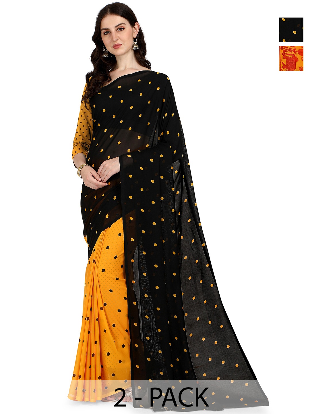 

ANAND SAREES Selection Of 2 Printed Half and Half Sarees, Yellow