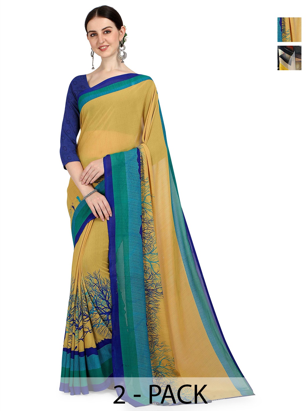 

ANAND SAREES Selection Of 2 Printed Sarees, Beige