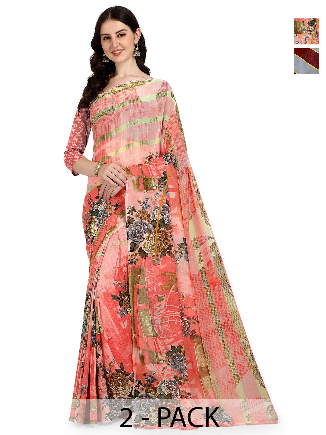 

ANAND SAREES Floral Poly Georgette Saree, Peach