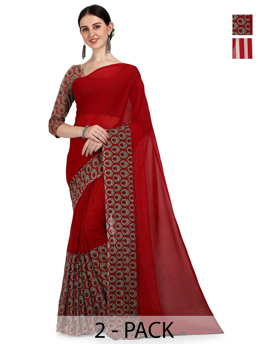 

ANAND SAREES Selection Of 2 Printed Sarees, Red