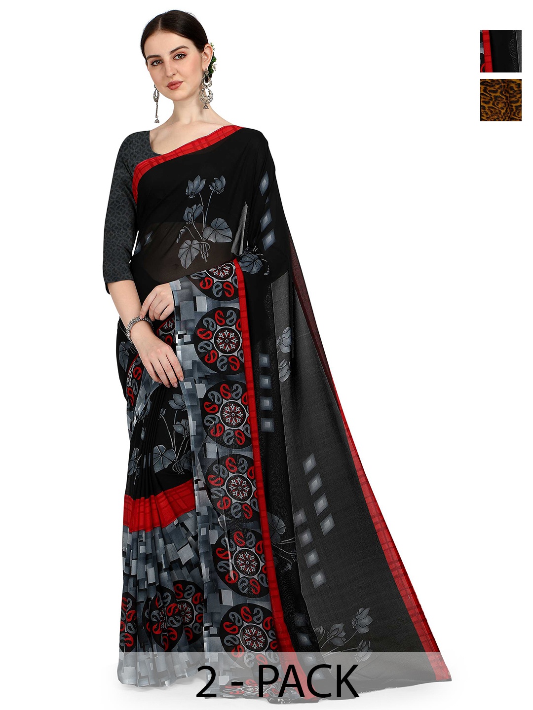 

ANAND SAREES Selection Of 2 Floral Saree, Black