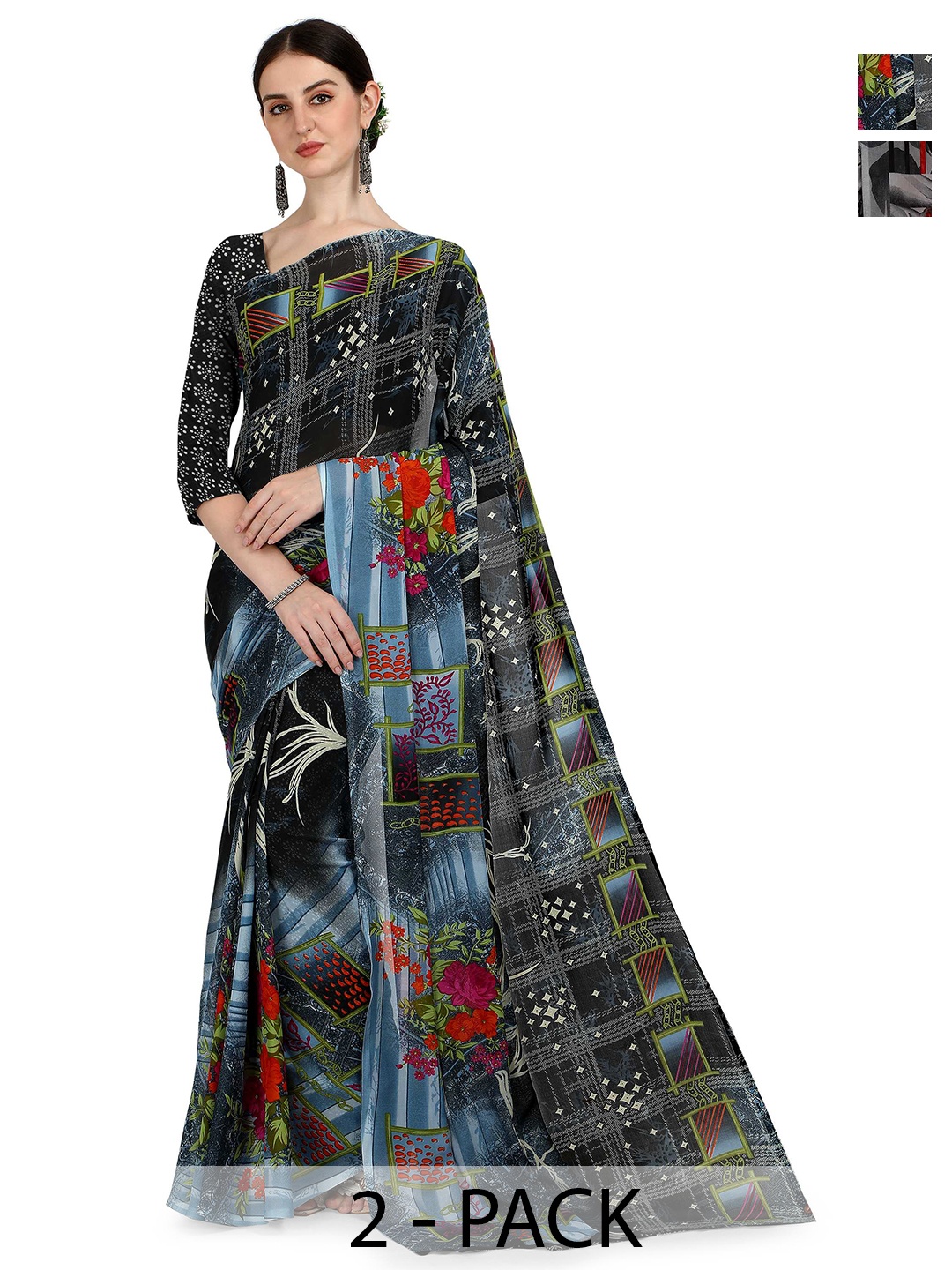 

ANAND SAREES Selection Of 2 Printed Sarees, Grey