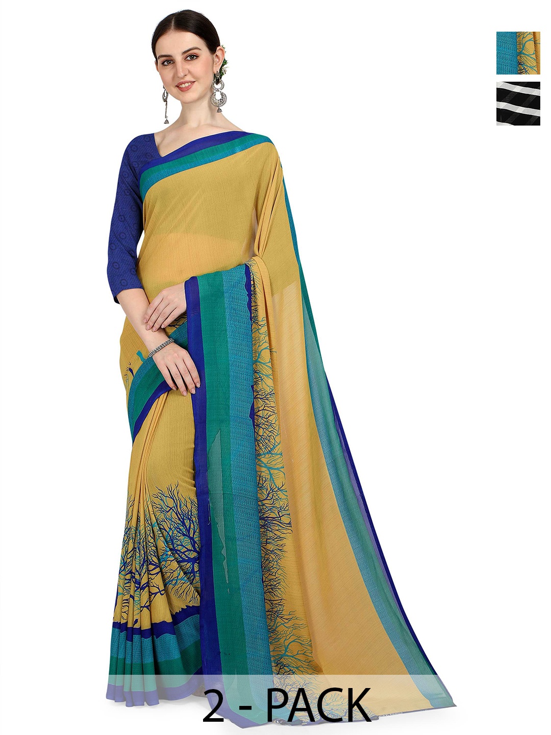 

ANAND SAREES Selection Of 2 Striped Sarees, White