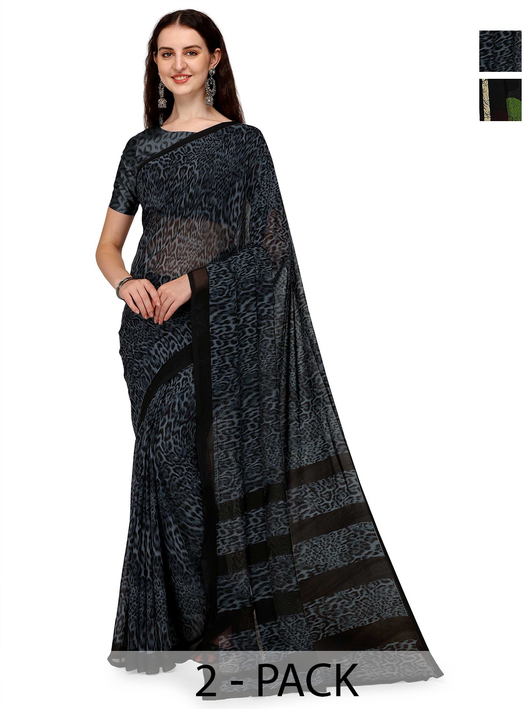 

ANAND SAREES Selection of 2 Abstract and Geometric Printed Sarees, Black