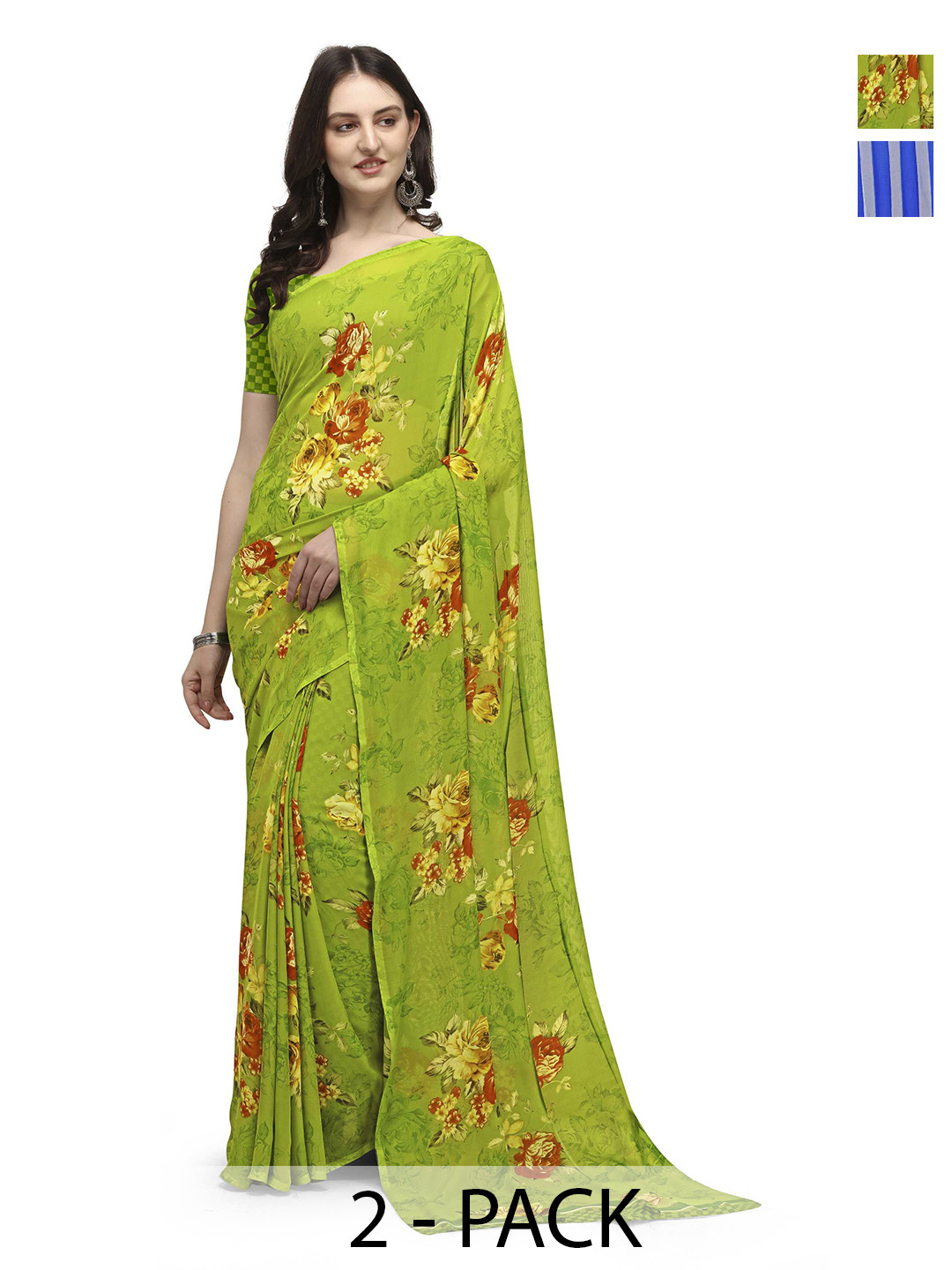 

ANAND SAREES Selection of 2 Floral and Geometric Printed Sarees, Green