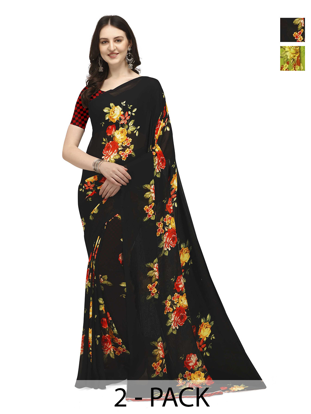 

ANAND SAREES Selection Of 2 Floral Printed Sarees, Black