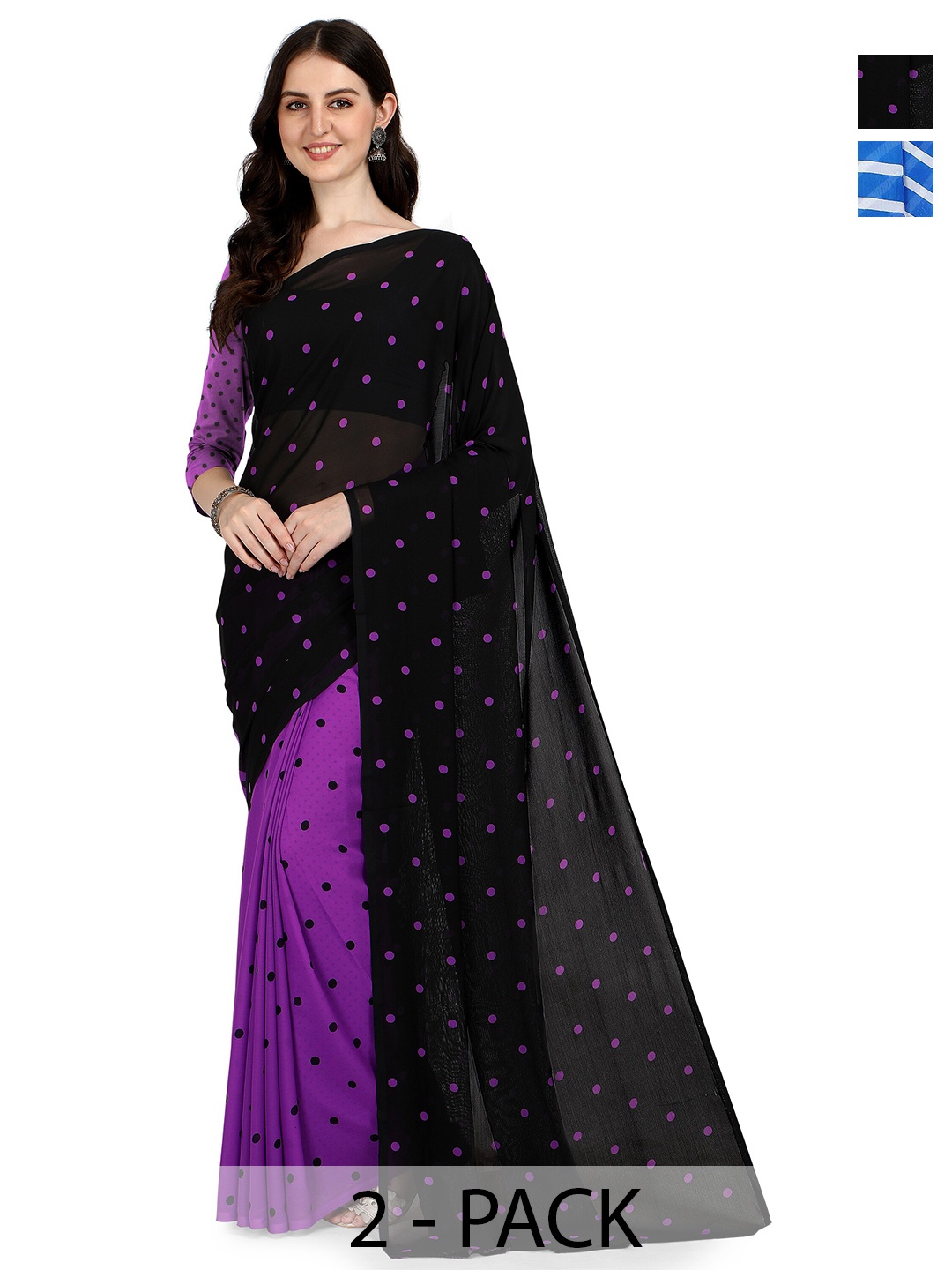 

ANAND SAREES Selection Of 2 Plka Dots Printed Sarees, Black