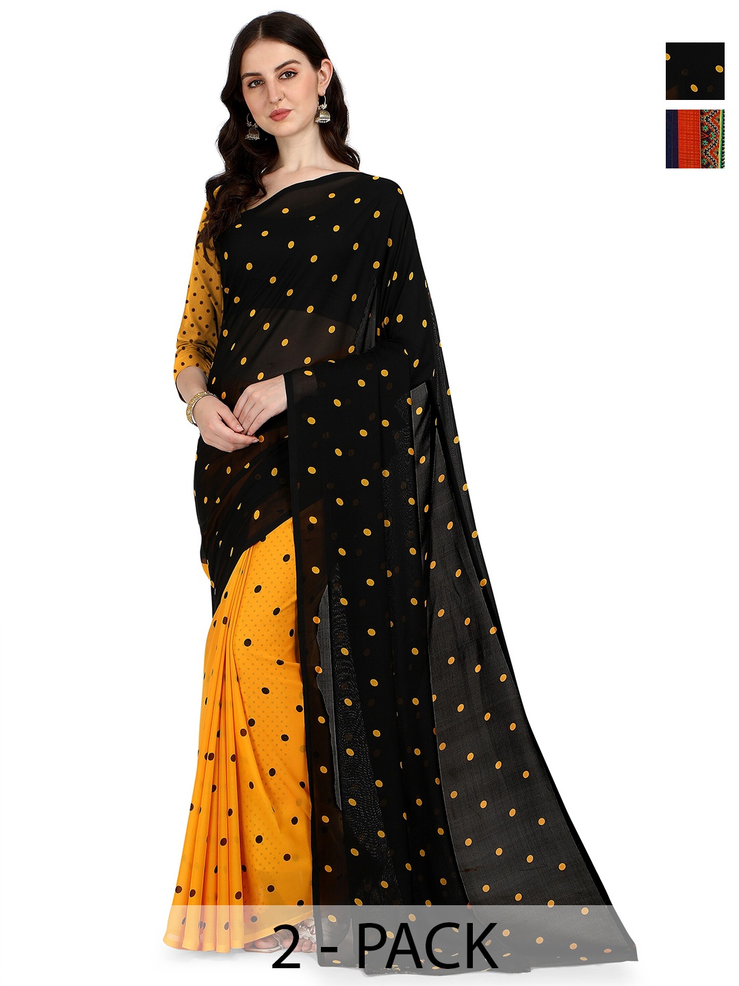 

ANAND SAREES Selection Of 2 Printed Half and Half Saree, Black