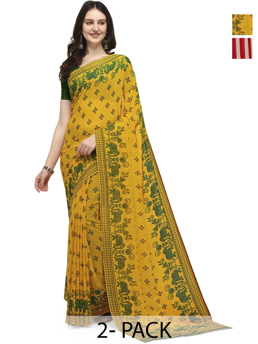 

ANAND SAREES Selection Of 2 Striped Sarees, Yellow