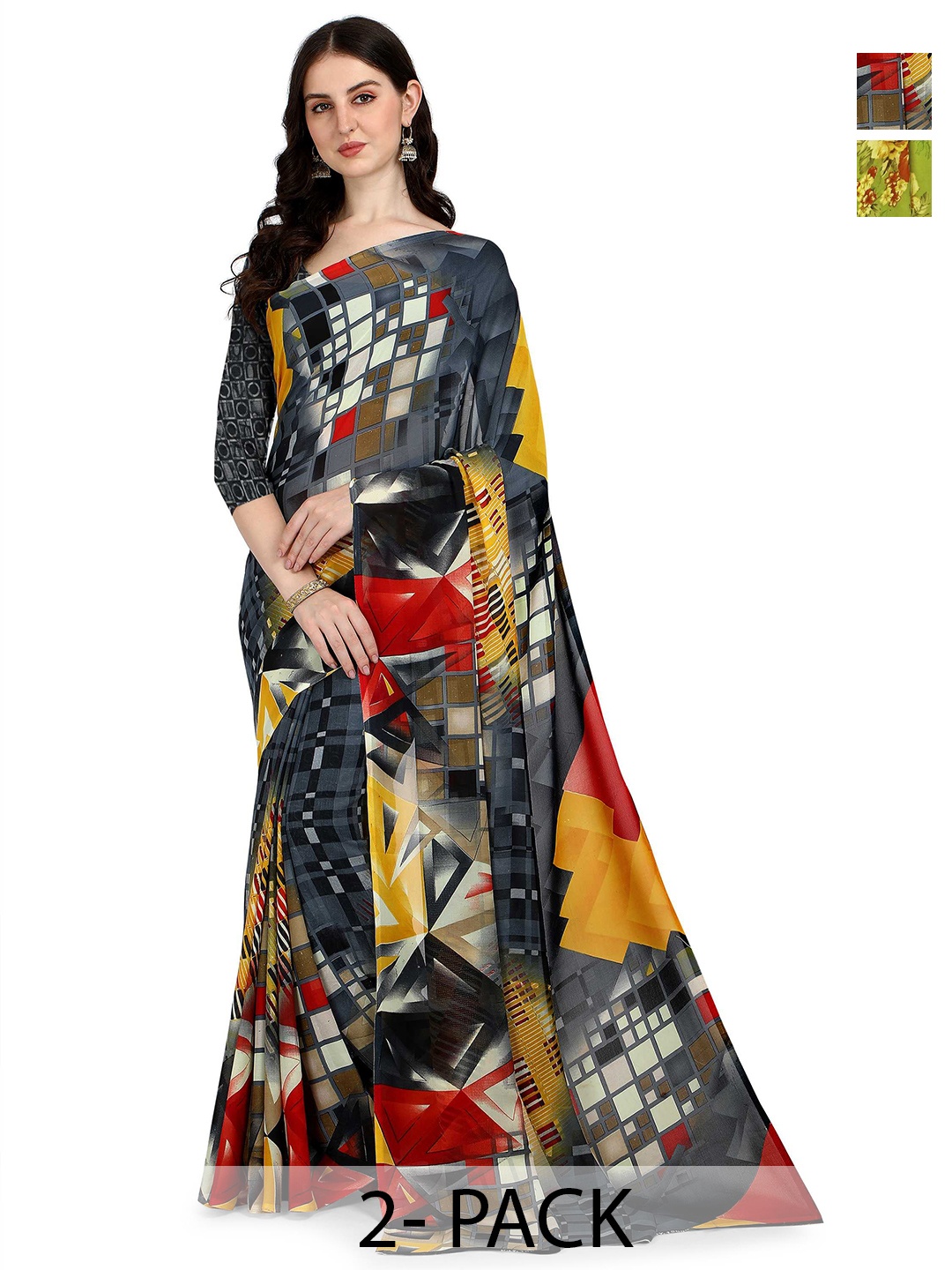 

ANAND SAREES Selection Of 2 Floral Printed Sarees, Green