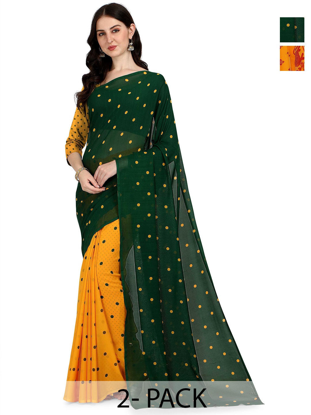 

ANAND SAREES Selection Of 2 Polka Dots Printed Sarees, Yellow