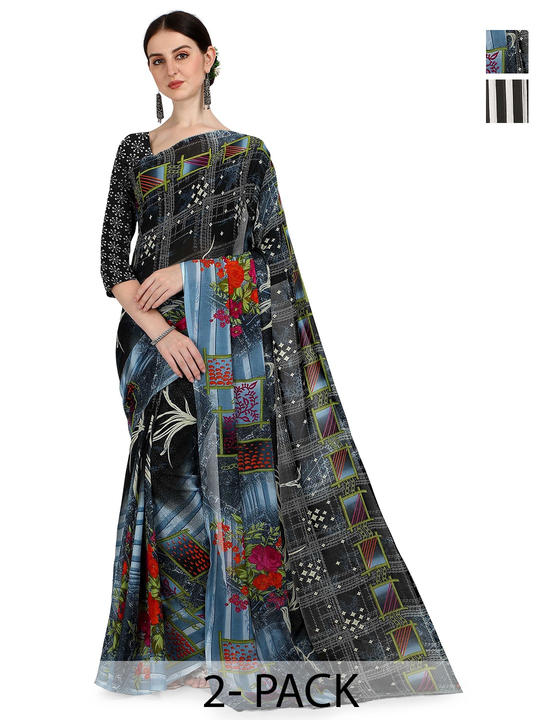 

ANAND SAREES Selection of 2 Floral and Geometric Printed Sarees, Black