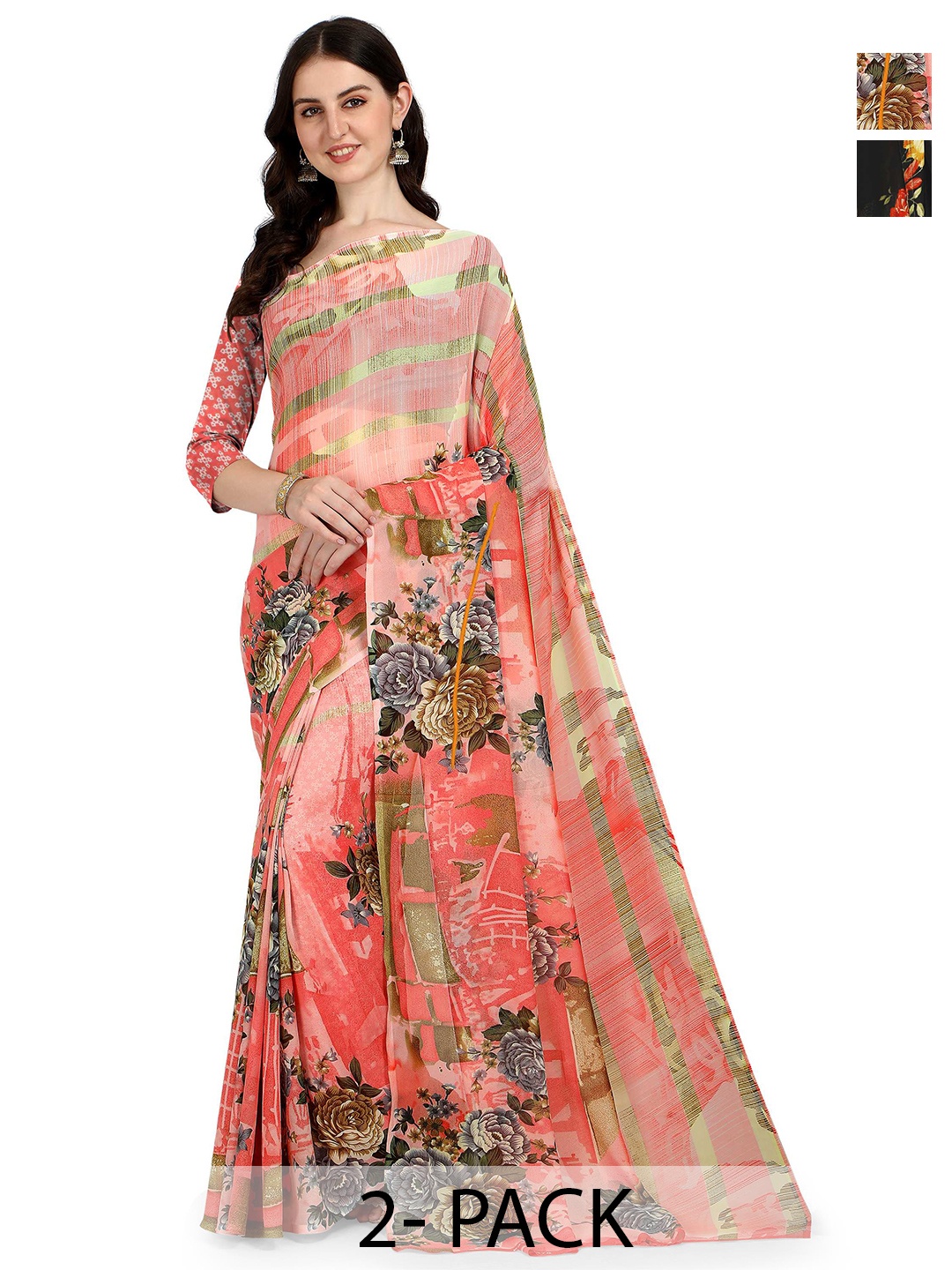 

ANAND SAREES Selection Of 2 Floral Printed Sarees, Peach