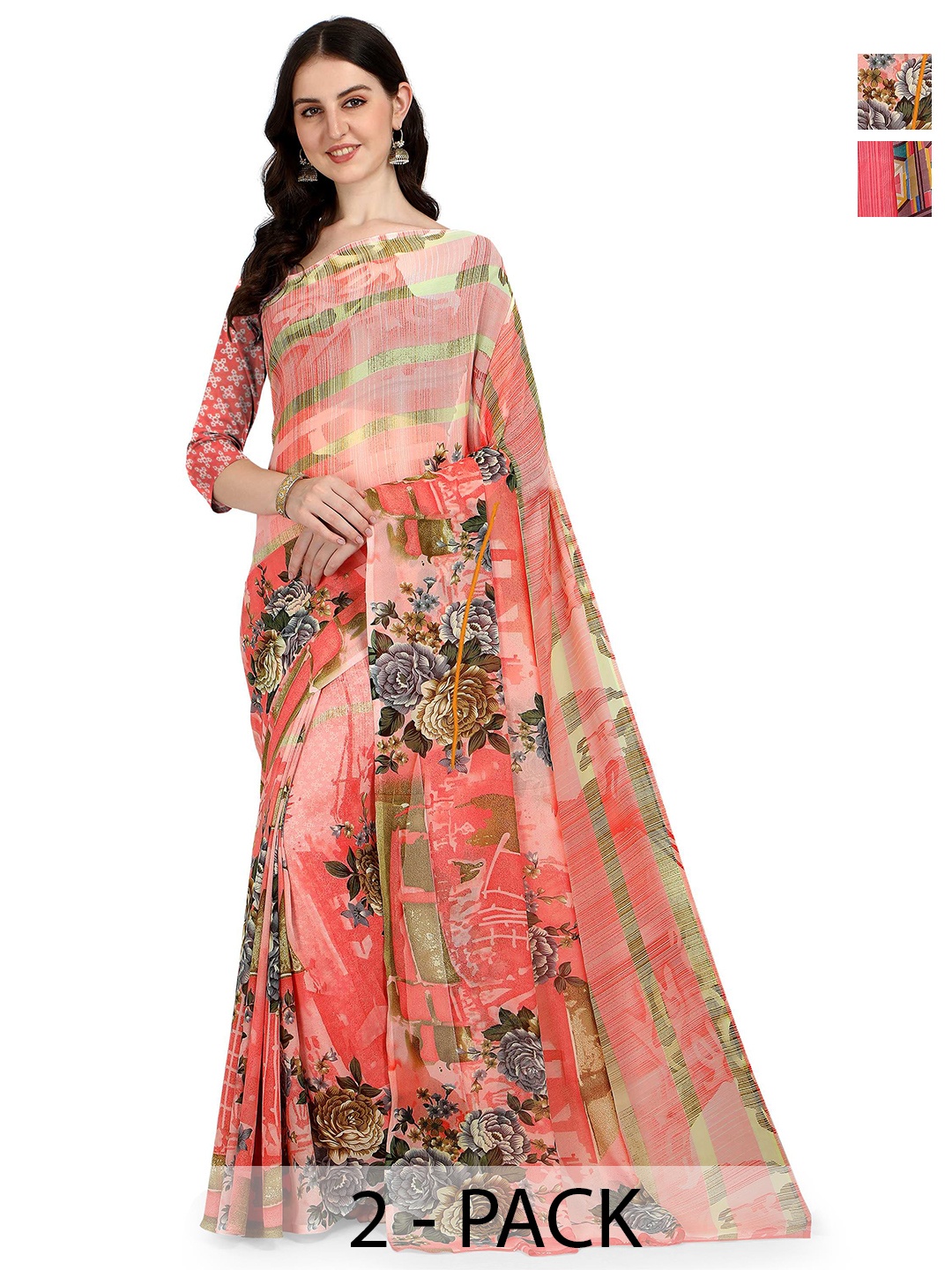 

ANAND SAREES Selection of 2 Floral Printed Sarees, Peach