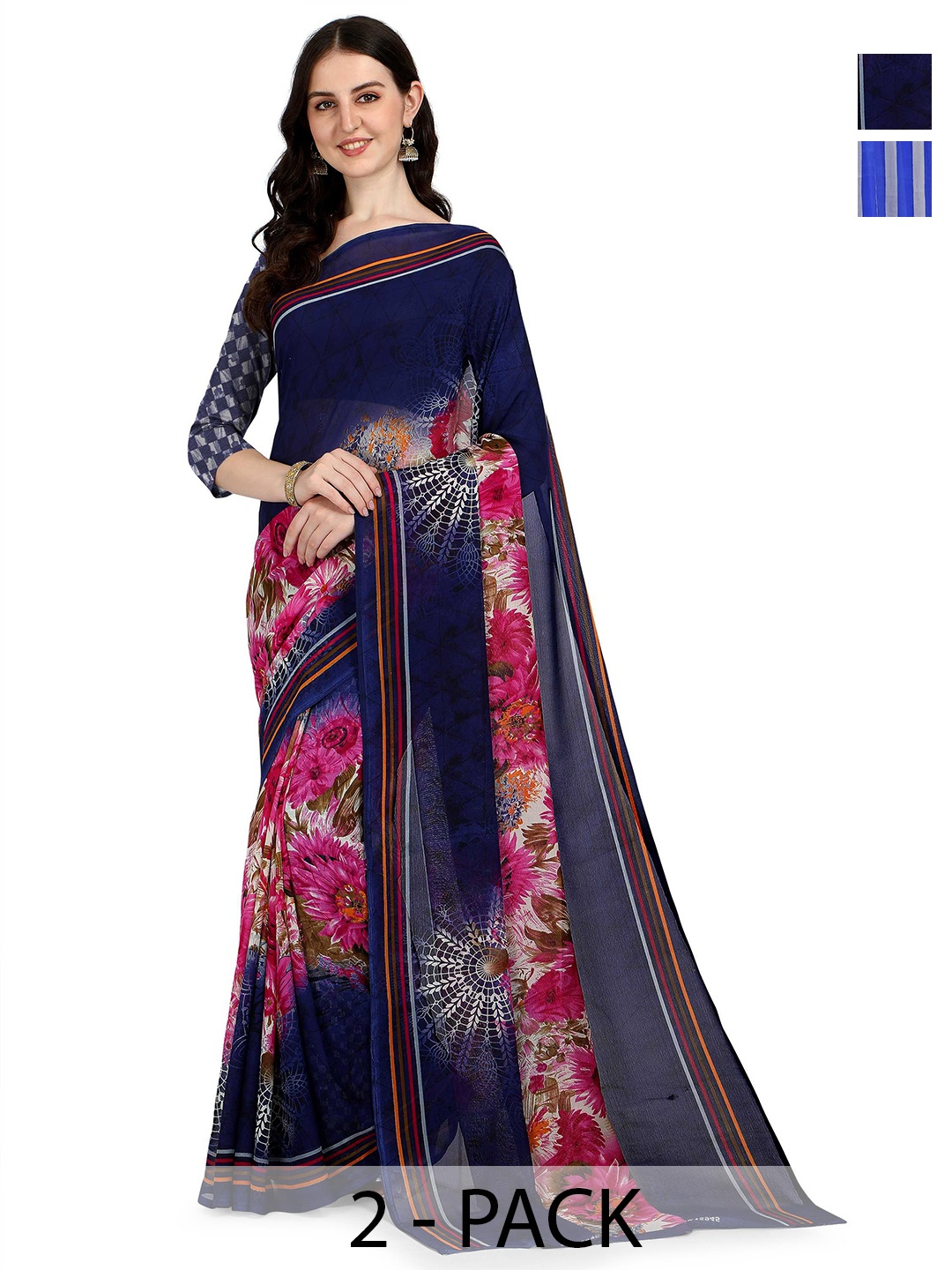 

ANAND SAREES Selection of 2 Floral and Geometric Printed Sarees, Navy blue