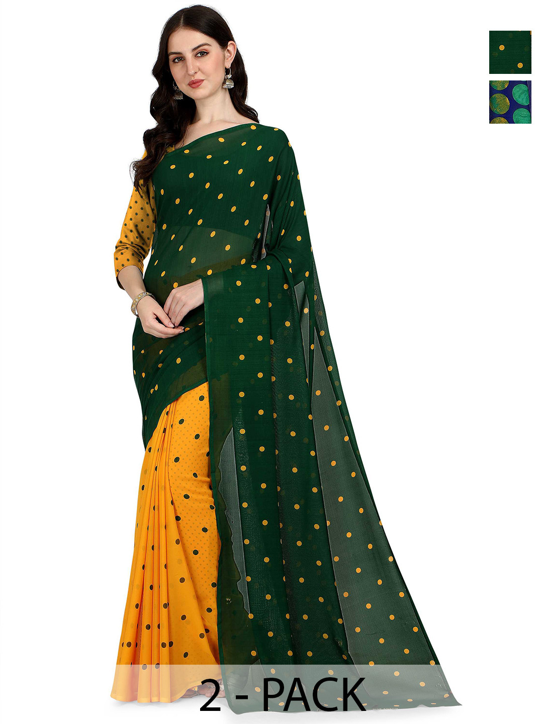 

ANAND SAREES Selection Of 2 Polka Dot Printed Sarees, Yellow