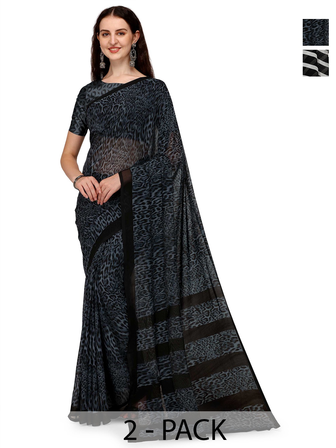 

ANAND SAREES Selection Of 2 Printed Sarees, Black