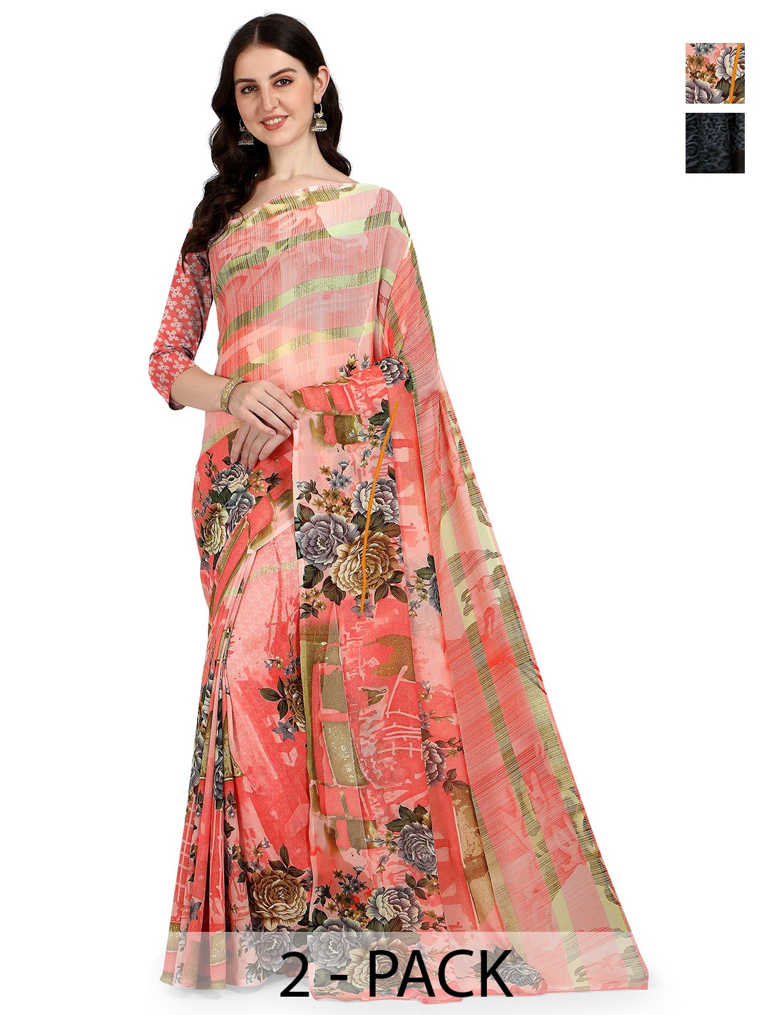 

ANAND SAREES Selection Of 2 Printed Sarees, Peach