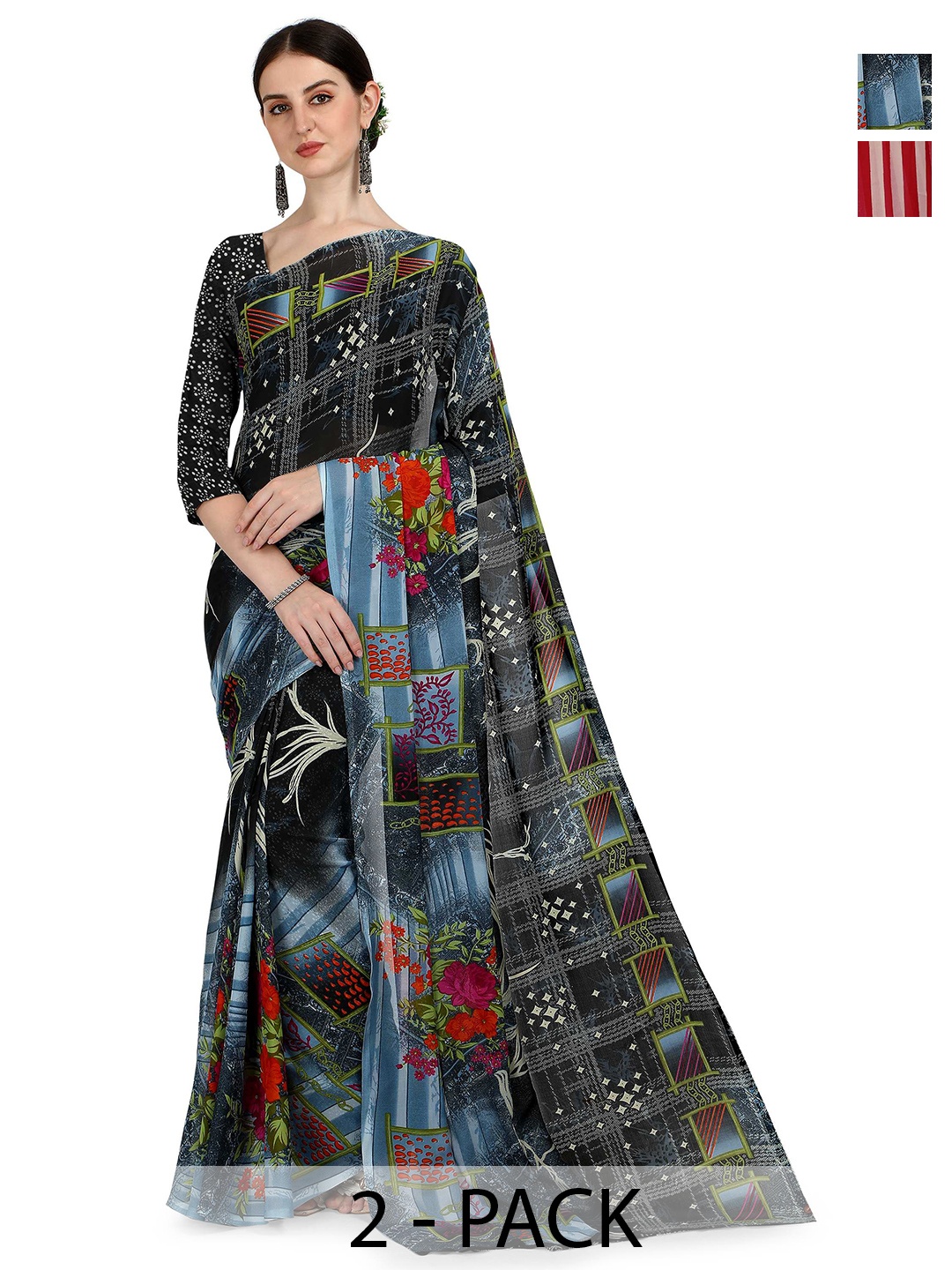 

ANAND SAREES Selection Of 2 Printed Sarees, Blue