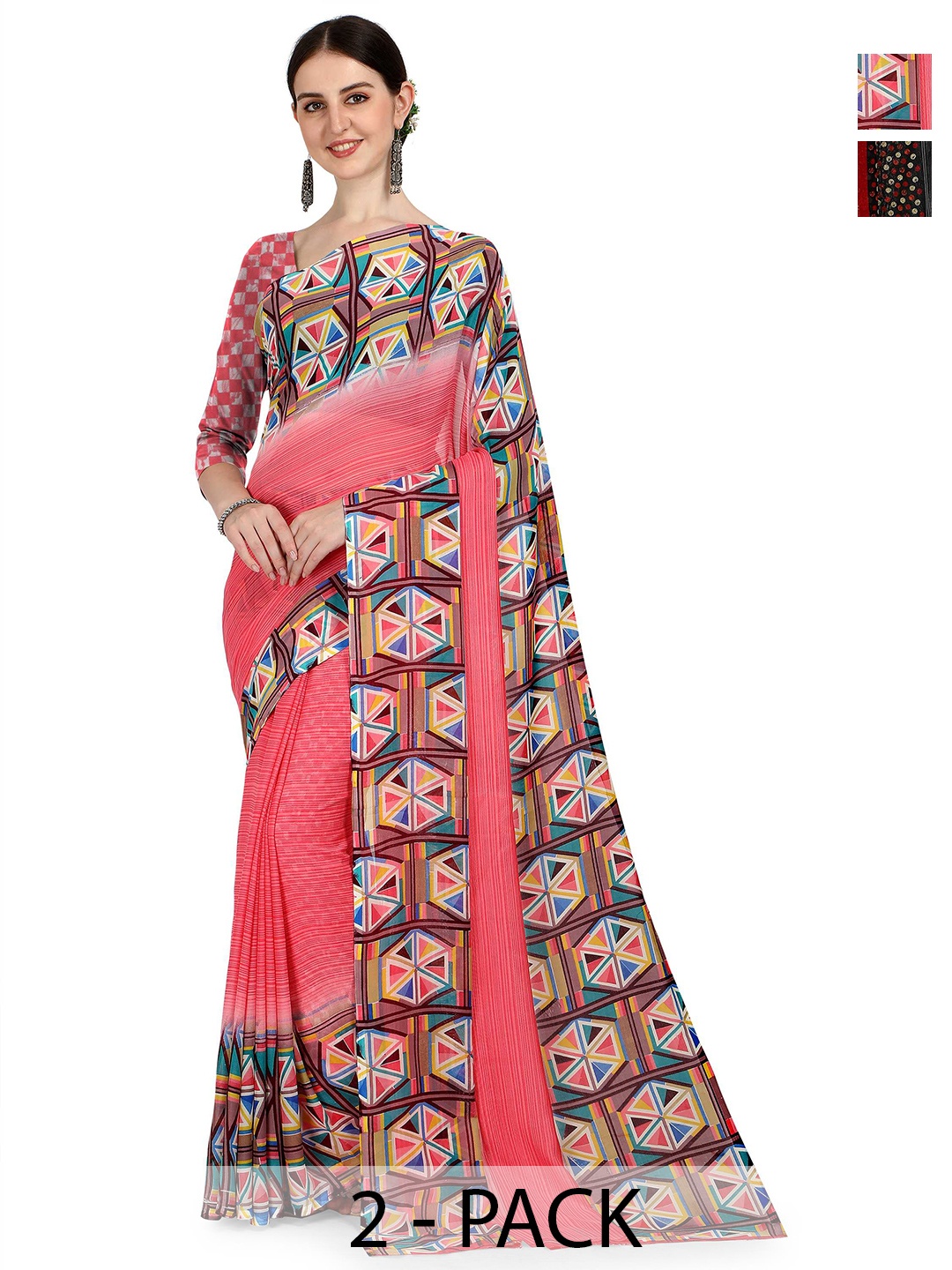 

ANAND SAREES Selection Of 2 Printed Sarees, Peach