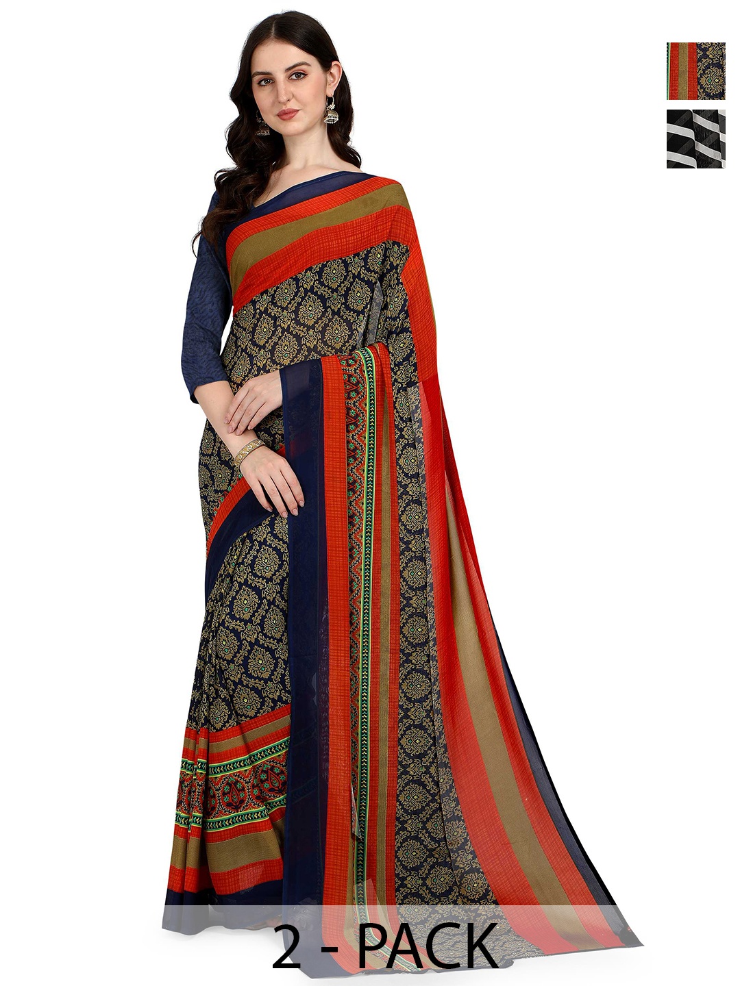 

ANAND SAREES Selection Of 2 Striped Sarees, Black